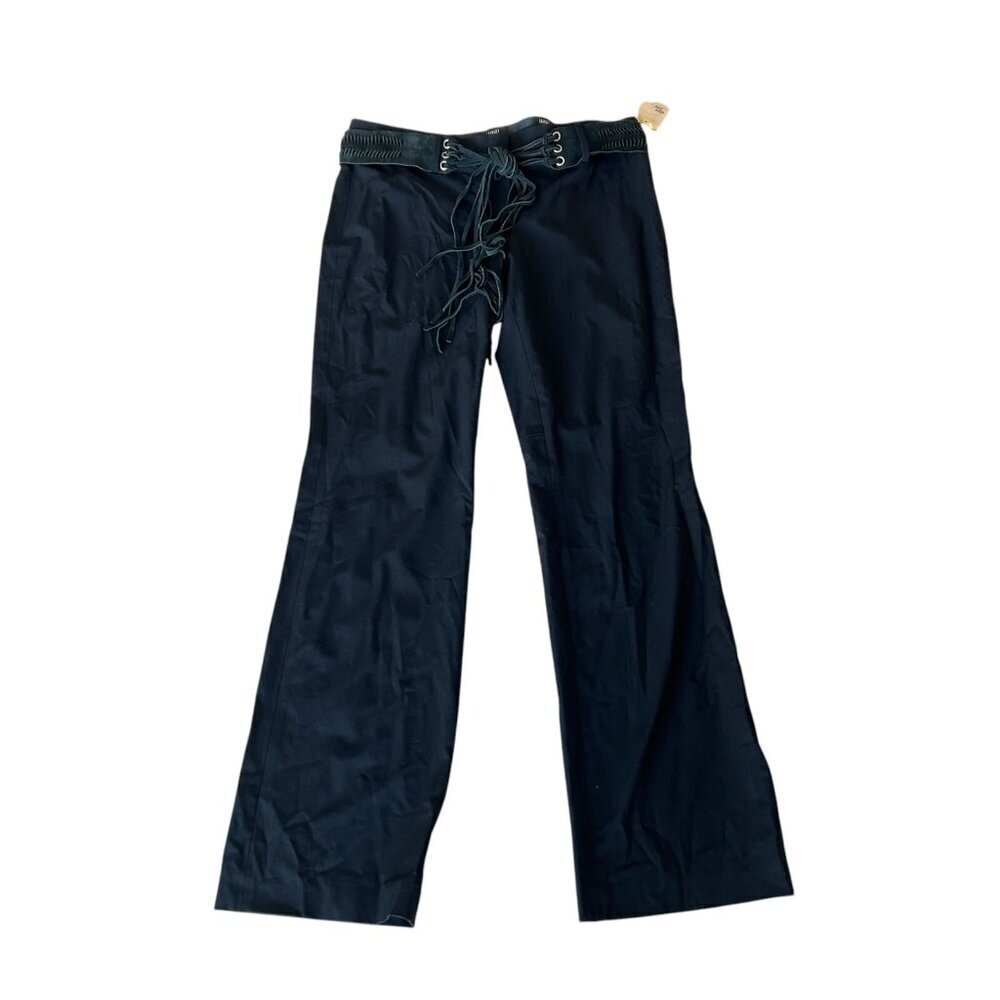 Laundry by Shelli Segal Black Flare Pants with Suede Fringe Belt Size 12 NWT